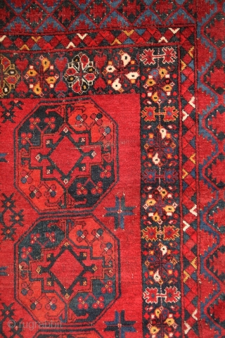 Ersari main rug with beautiful border system incl. different, vivid blues and wide kilim on both ends. 2x3 m, 19th century. Moth eaten knots at more places (the plain weave is not  ...