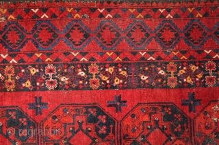 Ersari main rug with beautiful border system incl. different, vivid blues and wide kilim on both ends. 2x3 m, 19th century. Moth eaten knots at more places (the plain weave is not  ...