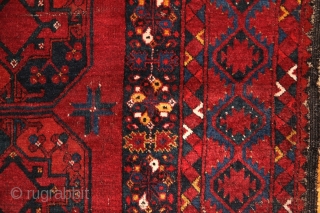 Ersari main rug with beautiful border system incl. different, vivid blues and wide kilim on both ends. 2x3 m, 19th century. Moth eaten knots at more places (the plain weave is not  ...