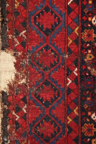 Ersari main rug with beautiful border system incl. different, vivid blues and wide kilim on both ends. 2x3 m, 19th century. Moth eaten knots at more places (the plain weave is not  ...