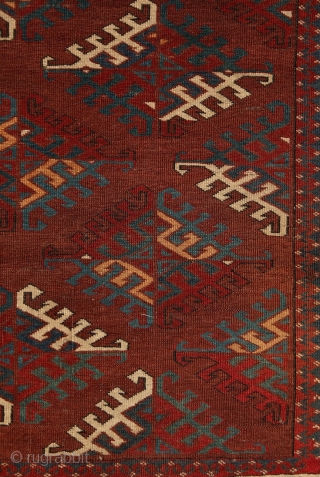 Yomud "Dyrnak" main carpet, 310x170 cm, 19th cent., fantastic colors, different blues , greens, yellows.... unusual elem, opened, bold and graphic drawing, well balanced, spacious field, very fine weave, some unfolded part  ...