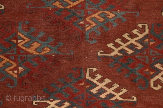 Yomud "Dyrnak" main carpet, 310x170 cm, 19th cent., fantastic colors, different blues , greens, yellows.... unusual elem, opened, bold and graphic drawing, well balanced, spacious field, very fine weave, some unfolded part  ...