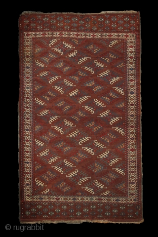 Yomud "Dyrnak" main carpet, 310x170 cm, 19th cent., fantastic colors, different blues , greens, yellows.... unusual elem, opened, bold and graphic drawing, well balanced, spacious field, very fine weave, some unfolded part  ...