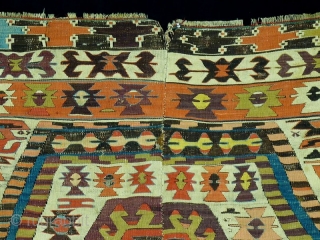 Aydin kilim, around 1850, 400x160 cm, outstanding colors with full anatolian early color spectrum including deeply saturated early aubergine.... perfect wool and weaving quality. Old, large scaled main field  and end  ...
