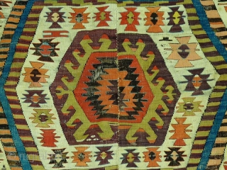 Aydin kilim, around 1850, 400x160 cm, outstanding colors with full anatolian early color spectrum including deeply saturated early aubergine.... perfect wool and weaving quality. Old, large scaled main field  and end  ...