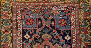 North-west persian kurdish 'double-mihrab' rug, 19th century. Non-commercial, tribal/village work with great colors & bold drawing. Ancient S-hooked border! Stylized dragons defending a blooming 'mina-khani' field of life. More pieces: http://rugrabbit.com/profile/5160  