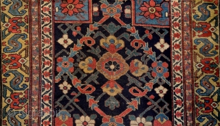 North-west persian kurdish 'double-mihrab' rug, 19th century. Non-commercial, tribal/village work with great colors & bold drawing. Ancient S-hooked border! Stylized dragons defending a blooming 'mina-khani' field of life. More pieces: http://rugrabbit.com/profile/5160  