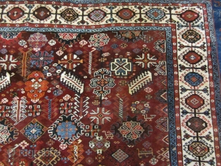 6'2" x 7'8" Antique Shekarlu Qashqai rug. Circa 1860. Condition: excellent. 90% medium-full pile, no foundation showing. No repairs, moth damage or issues. Only a few small areas where the pile is  ...