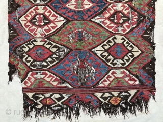 Mut kilim with good age and great colours, undyed brown wool warps, professionally mounted on linen, 275 x 145 cm including mounting.           