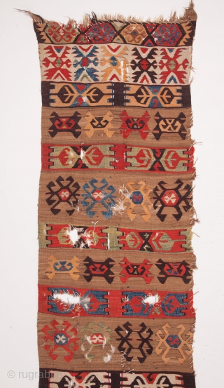 Anatolian kilim fragment circa 19th century, extensive use of camel wool, vibrant natural colours, various losses and damage as apparent in the images, securing done for washing still in place, 366 x  ...