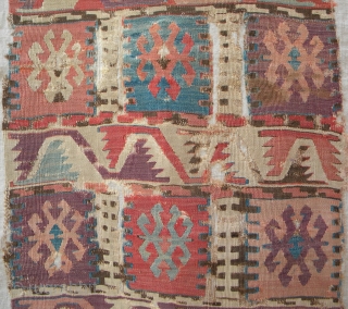 Anatolian kilim fragment, 177 x 65 cms, probably mid-19th century, lovely old colours; some marks as can be seen in the images, professionally mounted on linen.       