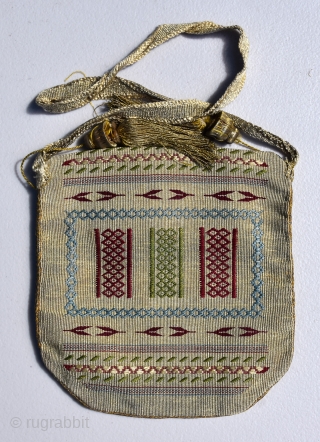 Silk and metal thread purse, probably made in Aleppo, Syria in the early 20th century                  