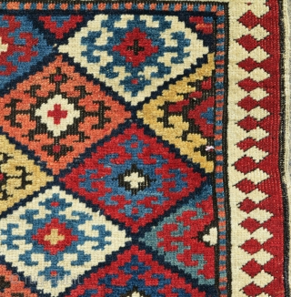 Caucasian Kuba bag face with a 'Jaf' design. Smashing color! Part of our exhibition, 'Artful Weavings'.

Collection of Mr. and Mrs. Bruce Baganz.

Inv# 17761, size= 1'8"x1'8"        