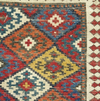 Caucasian Kuba bag face with a 'Jaf' design. Smashing color! Part of our exhibition, 'Artful Weavings'.

Collection of Mr. and Mrs. Bruce Baganz.

Inv# 17761, size= 1'8"x1'8"        