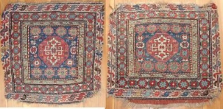 First of a Pair of Shahsavan Sumak Bags with a central octagon and eight-pointed stars. True blue background and great color range including an abrashed green, several lighter blues, red, rose and  ...