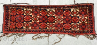 Bashir or Middle Amu Darya Area torba or trapping. Large scale repeat geometric drawing with natural colors and lustrous wool pile. Cotton weft including some blue cotton at top. 
1'5"×4'2"
Inv#17154   