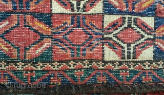 Bashir or Middle Amu Darya Area torba or trapping. Large scale repeat geometric drawing with natural colors and lustrous wool pile. Cotton weft including some blue cotton at top. 
1'5"×4'2"
Inv#17154   