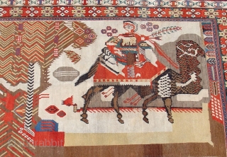 Pictorial Afshar Rug, South Persia, circa 1900, 3'11" x 4'6" This charming piece depicts a hunter with what seem to be a quiver of arrows and a falcon. He is holding a  ...