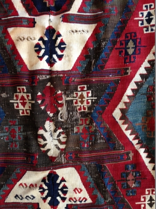 Anatolian kilim, Kurdish region, with nice saturated colors, not in perfect condition with some wear and tear. Both cotton and wool white, a nice madder red is used as well.

5'6""x11'10" 
Inv# 15353  ...