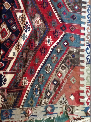 Anatolian kilim, Kurdish region, with nice saturated colors, not in perfect condition with some wear and tear. Both cotton and wool white, a nice madder red is used as well.

5'6""x11'10" 
Inv# 15353  ...