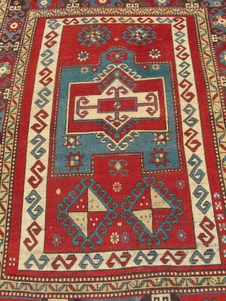 Kazak prayer rug with bold drawing and color. later 19th century, 4'4"×5'6" Inv#19699. Recently acquired, reasonably priced. Good condition with three small areas of overcasting. Otherwise, no surprises.     