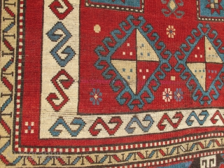 Kazak prayer rug with bold drawing and color. later 19th century, 4'4"×5'6" Inv#19699. Recently acquired, reasonably priced. Good condition with three small areas of overcasting. Otherwise, no surprises.     