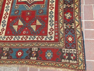 Kazak prayer rug with bold drawing and color. later 19th century, 4'4"×5'6" Inv#19699. Recently acquired, reasonably priced. Good condition with three small areas of overcasting. Otherwise, no surprises.     