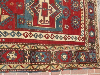 Kazak prayer rug with bold drawing and color. later 19th century, 4'4"×5'6" Inv#19699. Recently acquired, reasonably priced. Good condition with three small areas of overcasting. Otherwise, no surprises.     