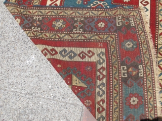 Kazak prayer rug with bold drawing and color. later 19th century, 4'4"×5'6" Inv#19699. Recently acquired, reasonably priced. Good condition with three small areas of overcasting. Otherwise, no surprises.     