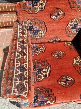 Chair upholstered with fragments from a Salor main carpet. Some of the inner portions are contiguous. The chair is probably late 19th century. The fragments are certainly earlier and were antique when  ...