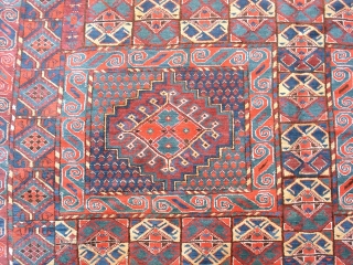 Exceptional Central Asian Amu Darya, "Bashir" carpet. Fantastic, wool, color, drawing and condition. A full repertoire of Turkmen ornament and iconography. Field panels are organized within an ornate developed system of borders  ...