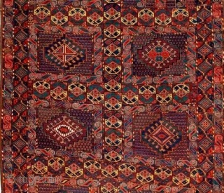 Exceptional Central Asian Amu Darya, "Bashir" carpet. Fantastic, wool, color, drawing and condition. A full repertoire of Turkmen ornament and iconography. Field panels are organized within an ornate developed system of borders  ...