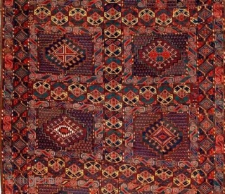 Exceptional Central Asian Amu Darya, "Bashir" carpet. Fantastic, wool, color, drawing and condition. A full repertoire of Turkmen ornament and iconography. Field panels are organized within an ornate developed system of borders  ...