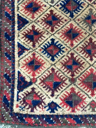 Camel-ground Baluch rug, simple geometric design but graphically very dynamic. Great wool, size is about 2'x3'. Excellent handle.               