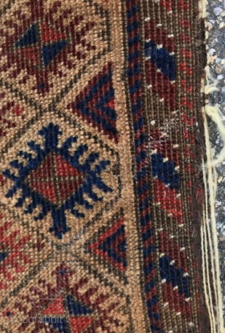 Camel-ground Baluch rug, simple geometric design but graphically very dynamic. Great wool, size is about 2'x3'. Excellent handle.               