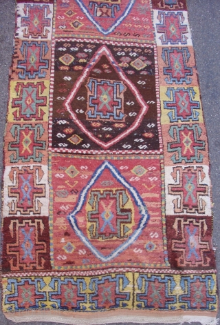 Dynamic East Anatolian Kurdish Rug. Perhaps Sivas with fantastic wool and color palette including canary yellow, green, rose madder and apricot. A great collectible weaving in great condition. Mid 19th century or  ...