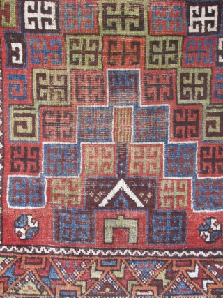 

Central Anatolian prayer rug (Karaman area?) C1870 with an original and creative rendering of ascending niches previously unknown to me. Camel hair wefting(dyed green in the center of the rug) with occasional  ...