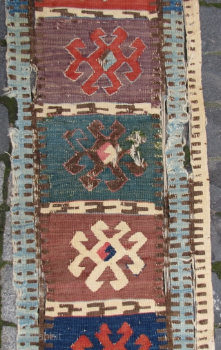 Early Hotamis kilim border fragment. 7'5"x1'3" (230x37cms.) Note the vestigial traces of the Turkoman design pool.                 