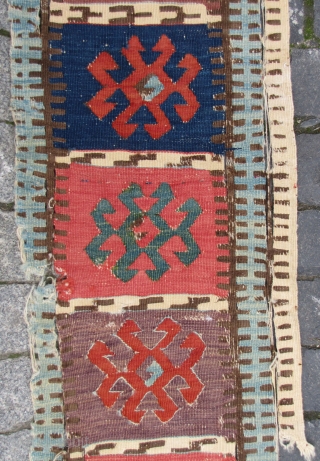 Early Hotamis kilim border fragment. 7'5"x1'3" (230x37cms.) Note the vestigial traces of the Turkoman design pool.                 