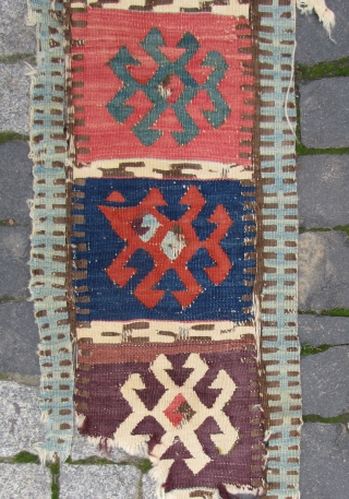 Early Hotamis kilim border fragment. 7'5"x1'3" (230x37cms.) Note the vestigial traces of the Turkoman design pool.                 