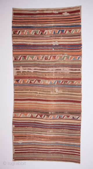 Central Anatolian kilim. Mid 19th century (?). Beautiful, soft pastel colors. Expertly backed with a high quality linen. Ready for display or even use. It has a soft presence.  317x140cms  