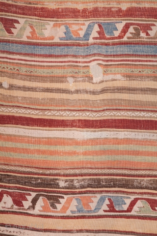Central Anatolian kilim. Mid 19th century (?). Beautiful, soft pastel colors. Expertly backed with a high quality linen. Ready for display or even use. It has a soft presence.  317x140cms  