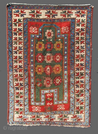  Fachralo Kazak Prayer Rug. An uncommon variant on the standard Fachralo design. Compare Kaffel "Caucasian Prayer Rugs" plate 20.  Dated 1280(?) which would put it into the 1860's and seems  ...