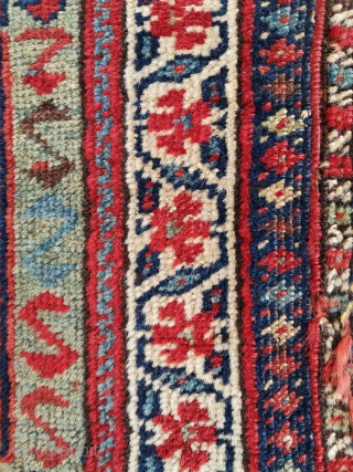 Interesting Kurdish bag from north west Persia. Note the flatweave back is not connected at the sides and there is a little damage to one corner.
52 x 54 cm    