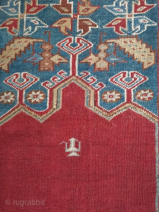 Ladik Prayer rug 199 x 118cm
Quite a lot of old repair but otherwise sound.                   