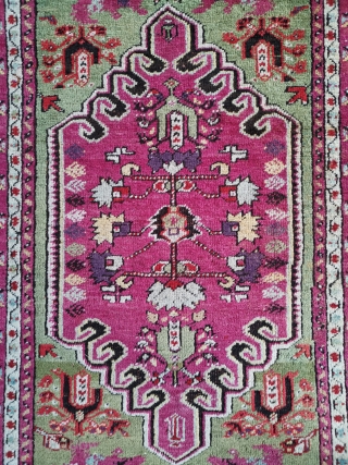 Kirsehir 177 x 127
Wonderfully soft wool and good pile. Some corrosion to the brown pile and a few minor repairs. A stunning little rug .        