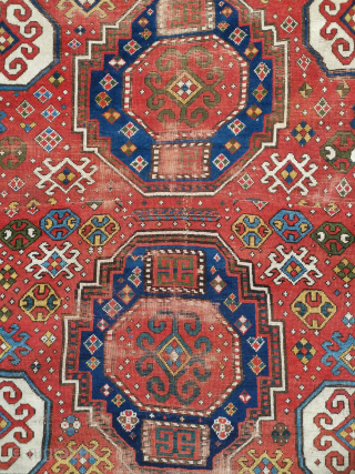 !9th C Lori Pambak with great colours
Note this has been reduced in size and rejoined down the middle, the join is well executed.
165 x 162cm        