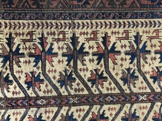 Antique CA. 1875 or earlier majestic tree of life Baluch prayer rug. Excellent condition, very fine weave. Complete original long flat woven kelim ends. The tree of life is rendered in an  ...