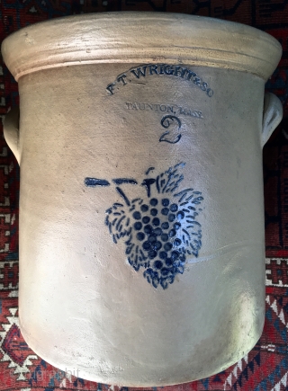 1866-1870, 2 Gallon, Cobalt decorated, salt glazed Crock by F.T. Wright and Son of Taunton, MA. No chips, cracks, or other excuses.           