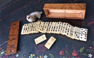 Antique 19thC hand crafted Box of Bone Dominos. Probably Sailor made. 7"x 2"x 1.5"                   